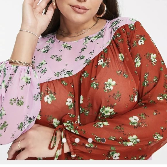 Sz 24W ASOS CURVE SHEER MIXED PRINT TOP WITH LONG SLEEVES AND TIE - Picture 4 of 4